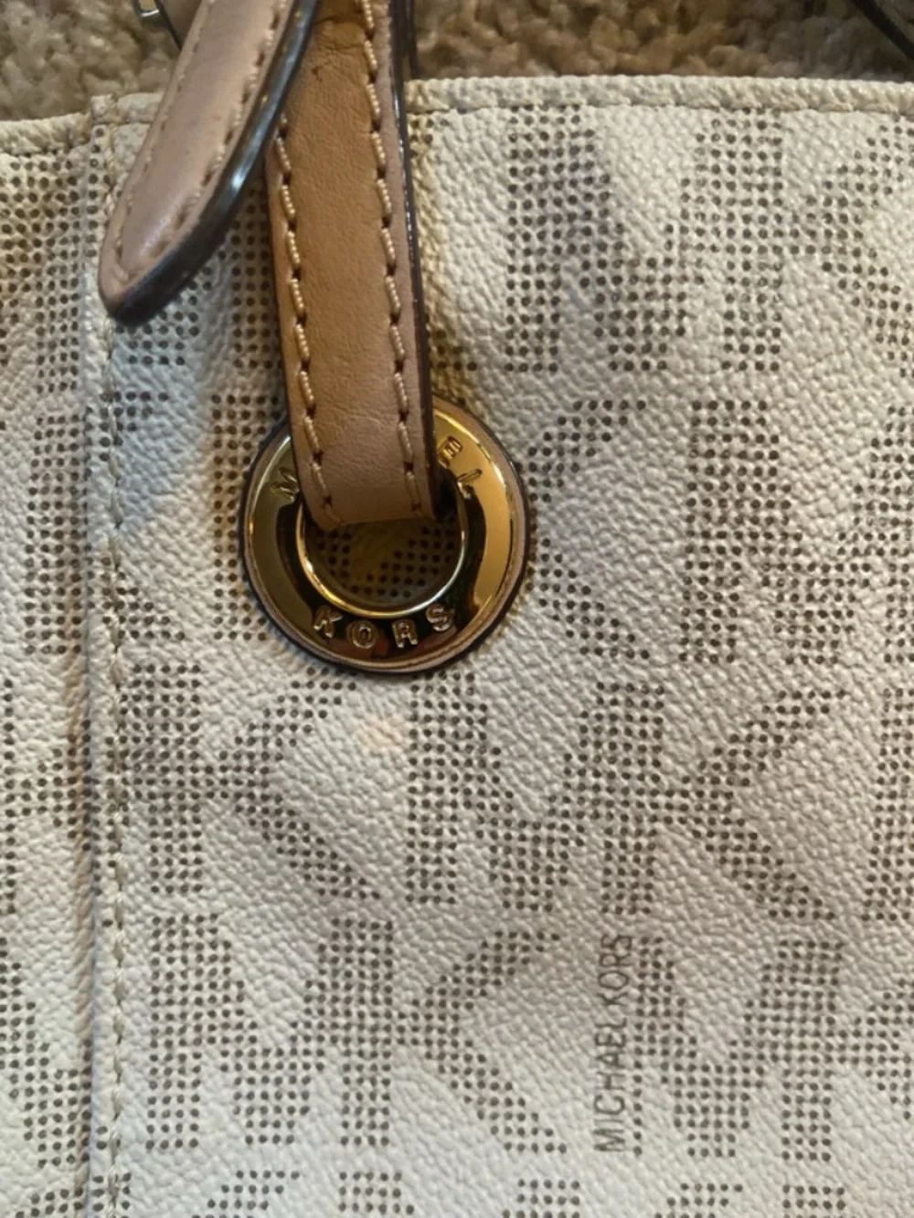 MICHAEL Michael Kors Cream MK Logo Tote with Tan Leather Straps